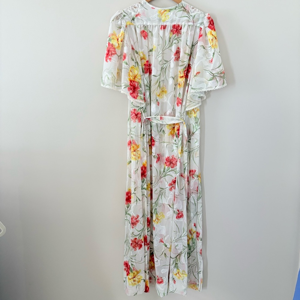 Natori Floral Sheer Lace Trim Wrap Robe Maxi‎ Romantic Vintage Lingerie Small - Picture 10 of 14